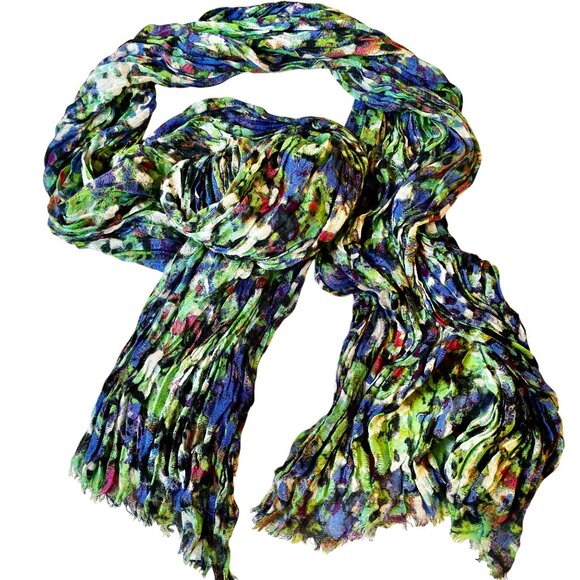 Ann Taylor Oblong Scarf Multi-Color Raw Fringe Rayon + Wool Watercolor 72" - Picture 4 of 15